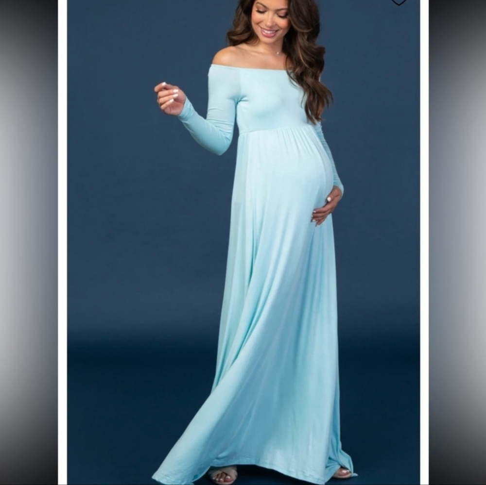 Pinkblush Blue Off-Shoulder Maxi Maternity Dress